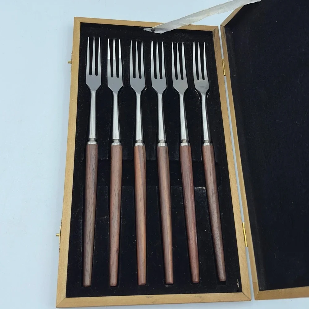 Vintage MCM Stainless Steel Wood Handle Dessert Fork Set of 6 Japan with Box‎